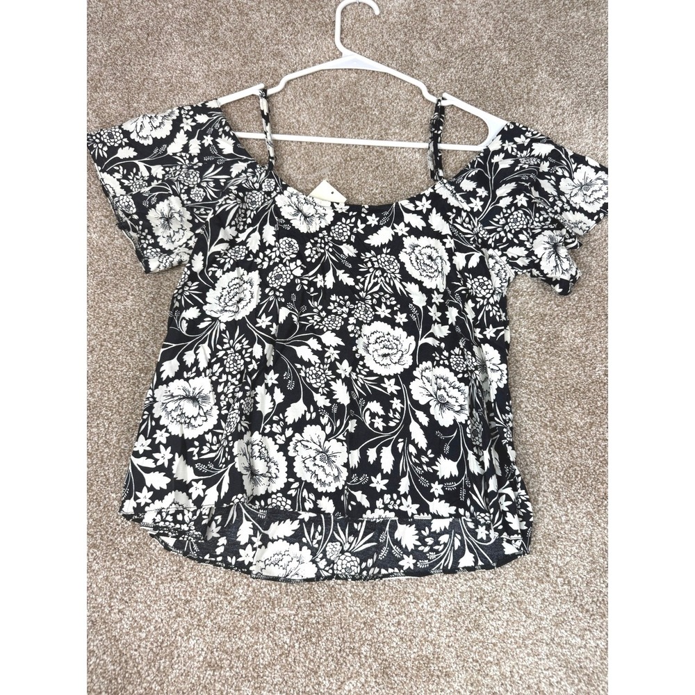 NEW Miss Selfridge Womens Black White Floral Cold Shoulder Blouse Top US 6 UK 10